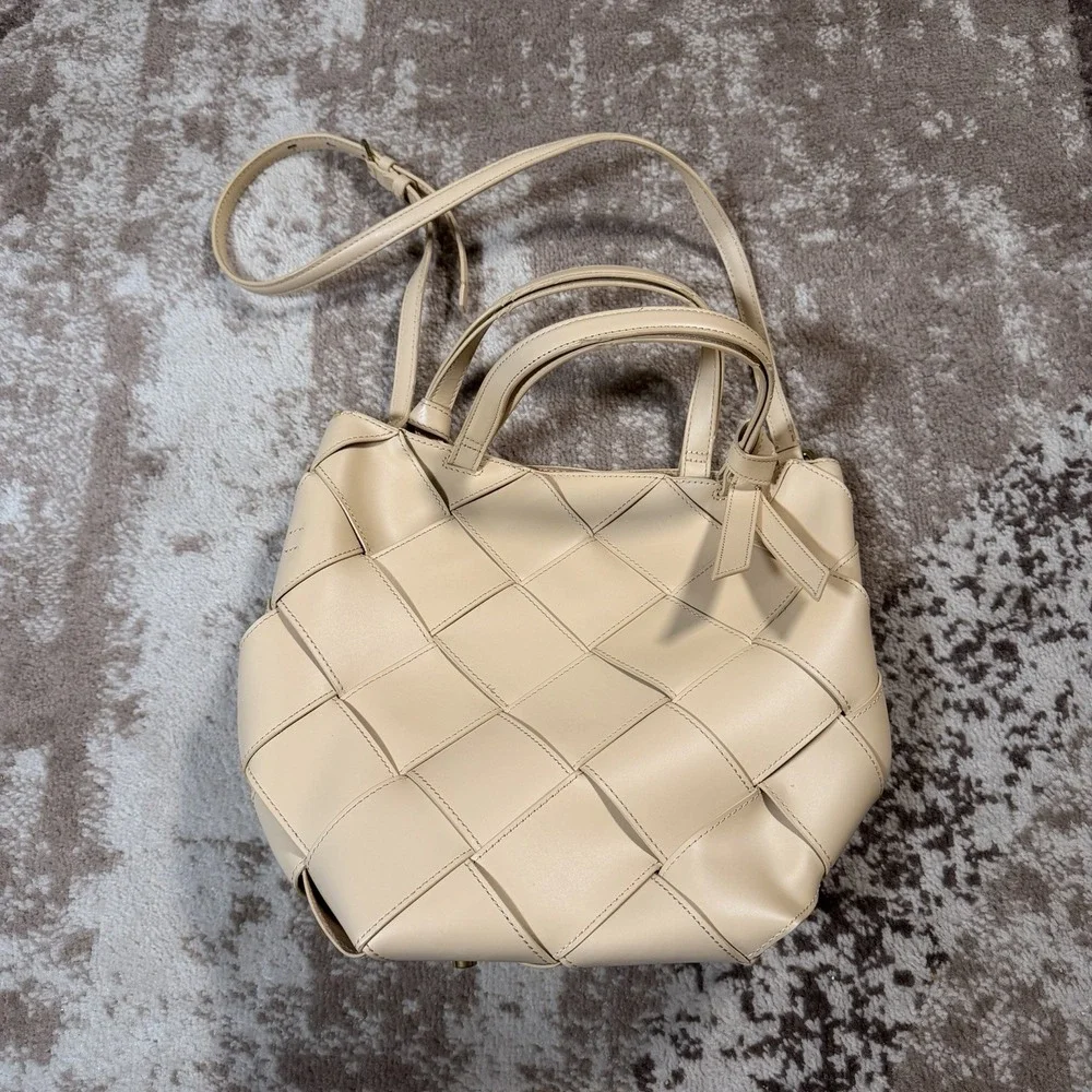 ETIENNE AIGNER‎ Leather Ella Woven Satchel Crossbody Luggage Handbag Purse Cream